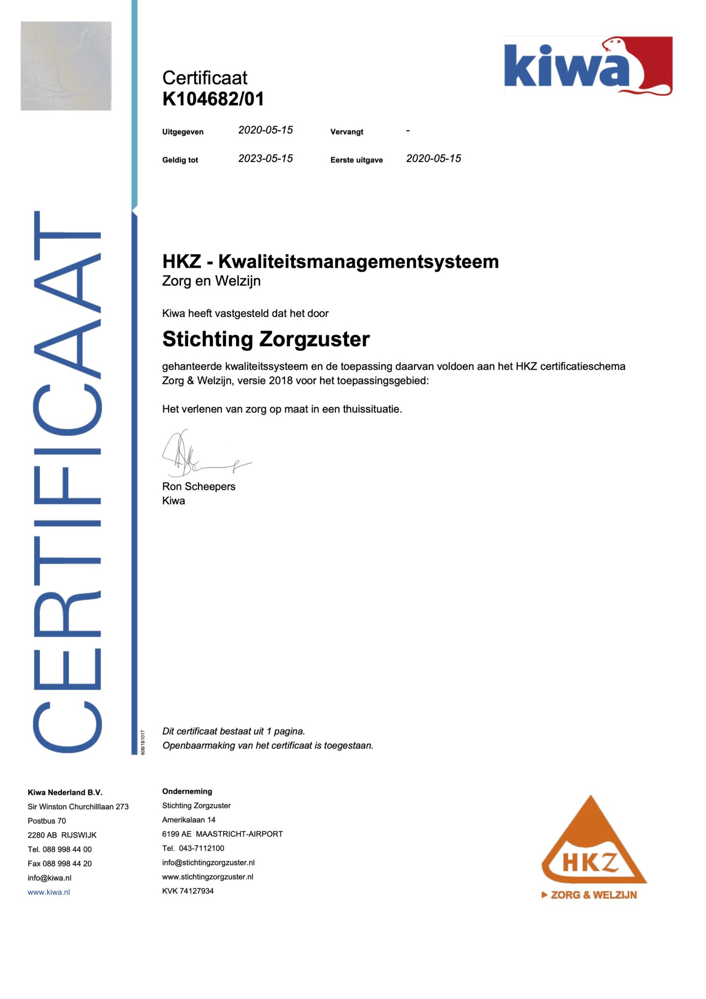 HKZ Certificaat Behaald - Thuiszorg Centrale Nederland